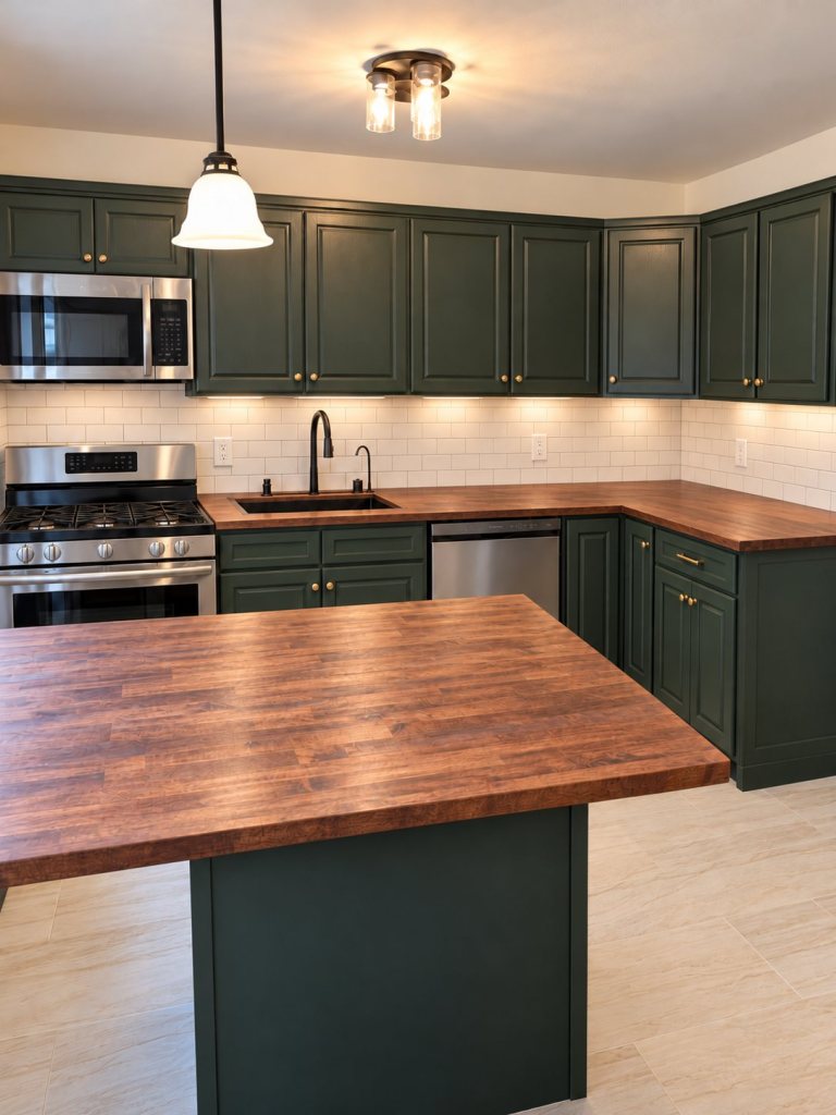 Renovated Hartsdale NY co-op kitchen with dark green cabinets, stained butcher block countertops and island, and white subway tile backsplash