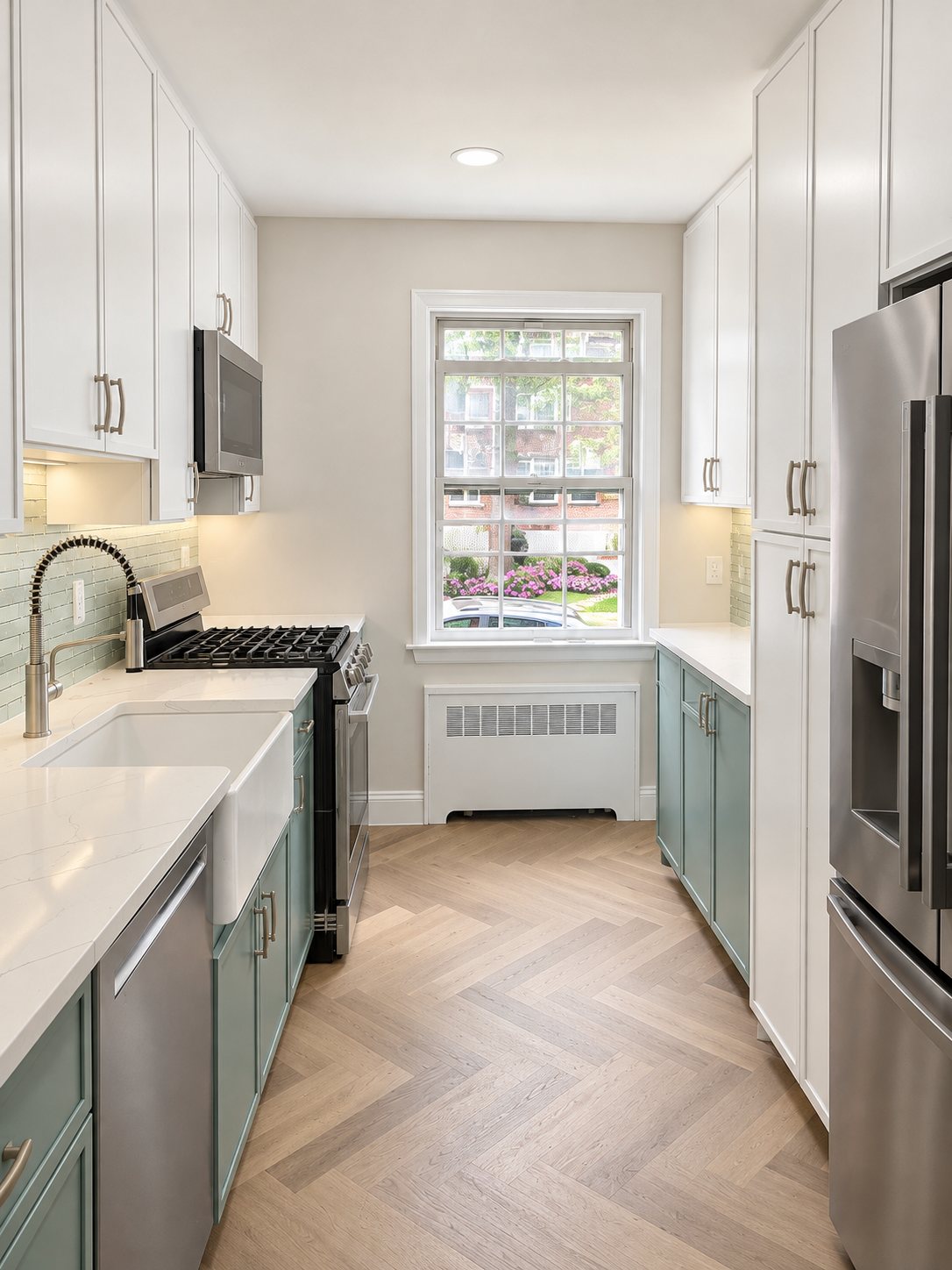 Finished galley kitchen renovation in a Hartsdale NY co-op with sage green lower cabinets, white uppers, quartz counters and farmhouse sink