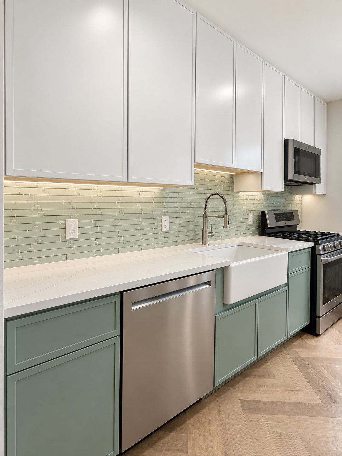Finished galley kitchen renovation in a Hartsdale NY co-op with sage green lower cabinets, white uppers, quartz counters and farmhouse sink