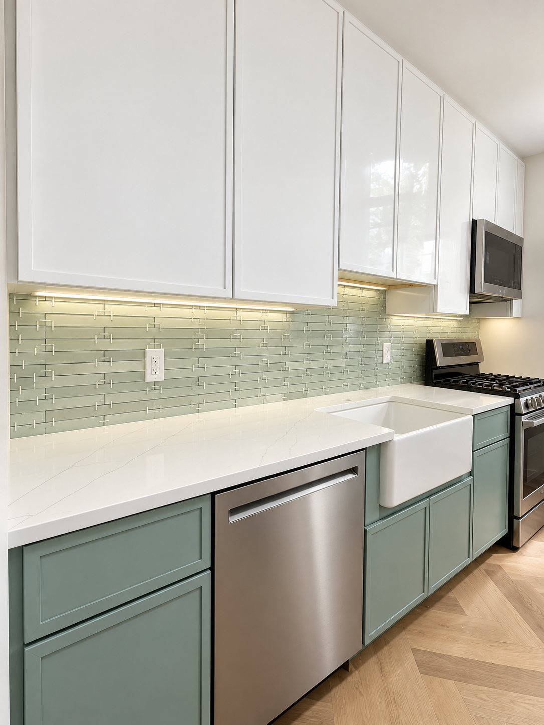 Finished galley kitchen renovation in a Hartsdale NY co-op with sage green lower cabinets, white uppers, quartz counters and farmhouse sink