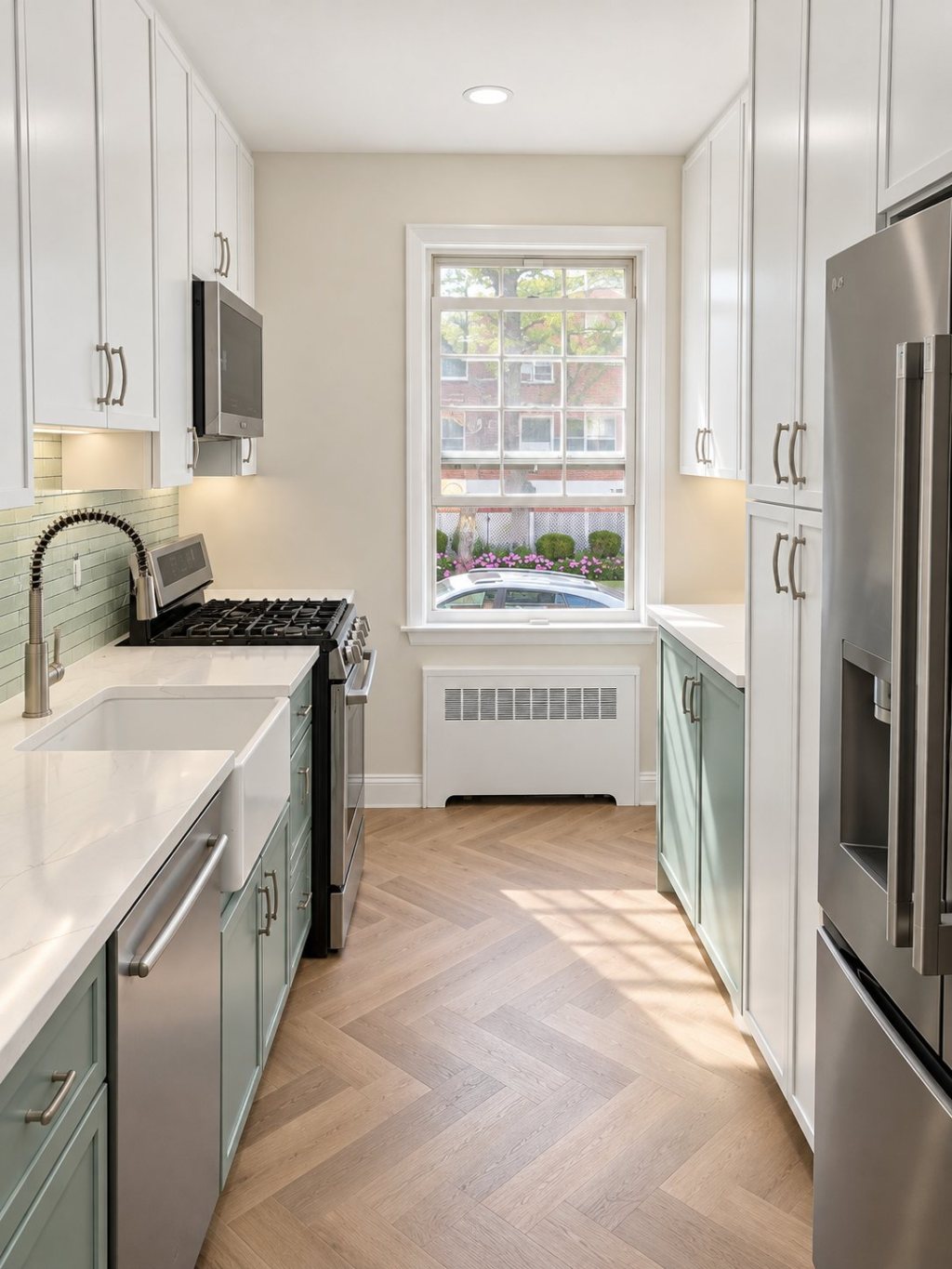 Finished galley kitchen renovation in a Hartsdale NY co-op with sage green lower cabinets, white uppers, quartz counters and farmhouse sink