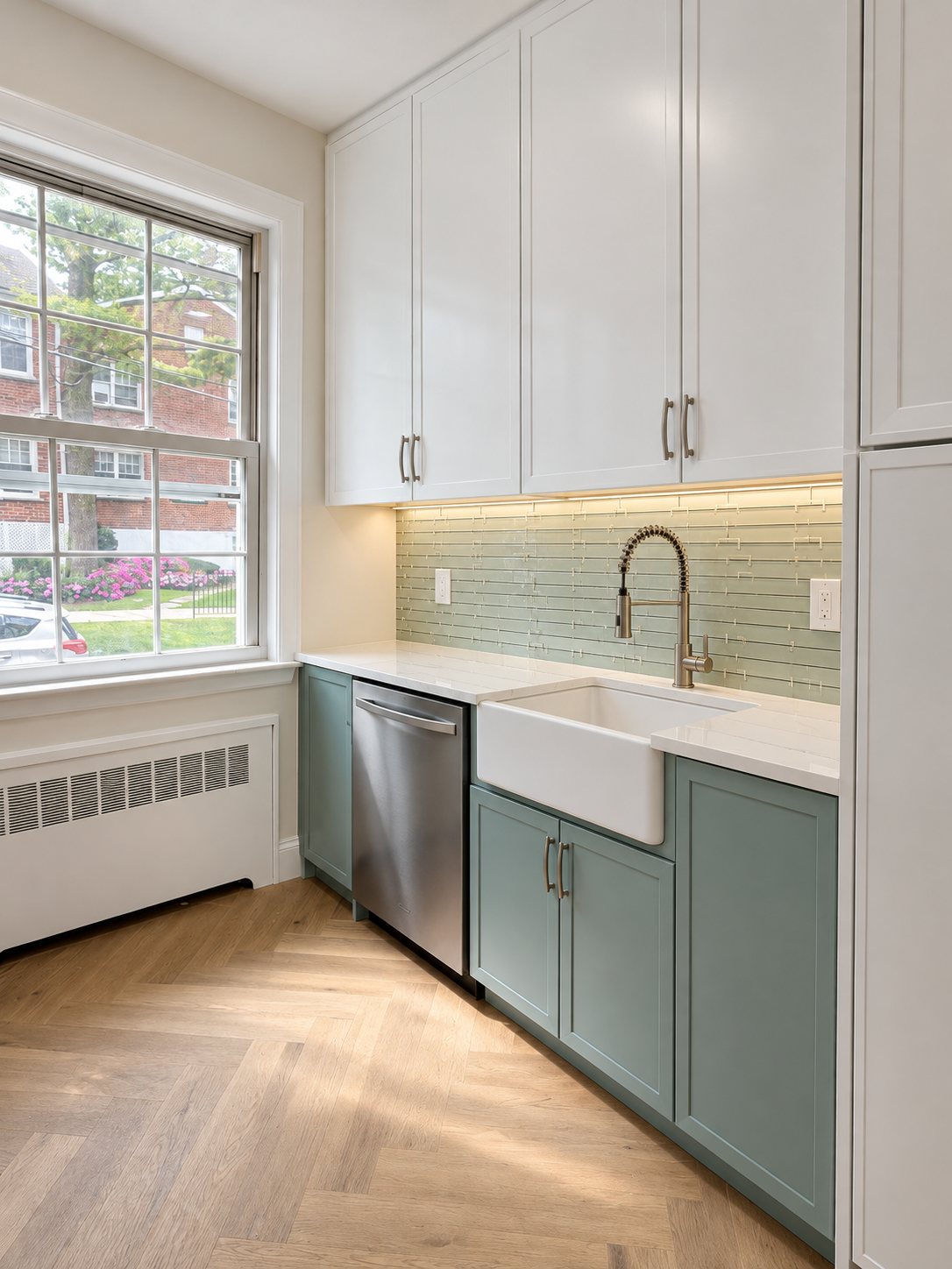 Finished galley kitchen renovation in a Hartsdale NY co-op with sage green lower cabinets, white uppers, quartz counters and farmhouse sink